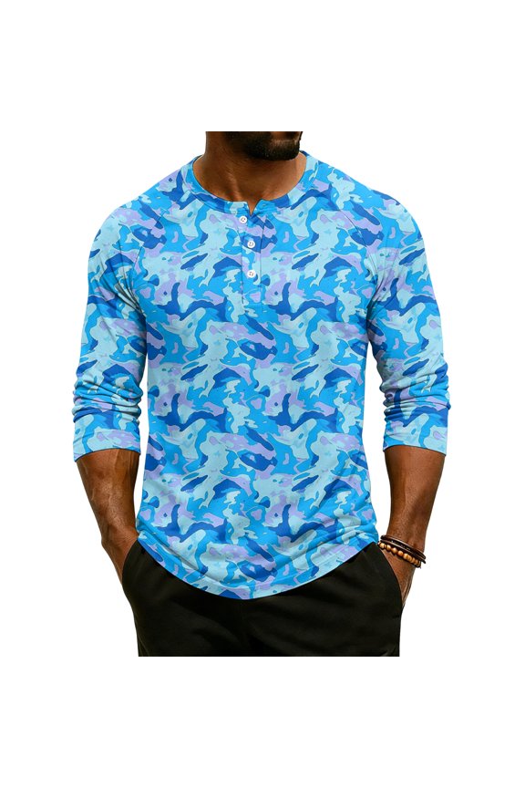 Mens 3/4 Sleeve Tops Comfort Geometic Print Raglan Henley Shirt Relaxed Fit Street Shirts 2026 Spring Top Blue M