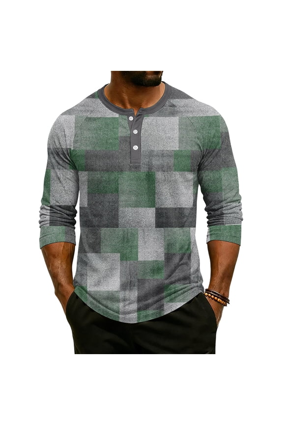 Mens 3/4 Sleeve Tops ComfortPlaid Print Raglan Henley Shirt Relaxed Fit Street Tshirt 2026 Fall Tops Green XL