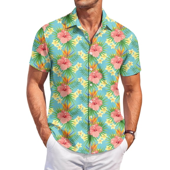 QHRMKOG Mens Beach Shirts Loose Fit Tropical Print Short Sleeve Hawaiian Shirt Light Holiday Button Down Beach Shirts Summer Fashion Top Green 3XL