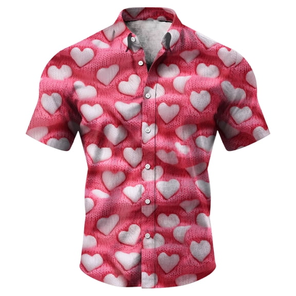 QHRMKOG Mens Button Down Short Sleeve Shirt Relaxed Fit Heart Graphic Valentines Shirts Summer Beach Hawaii Shirt Casual Tops Pink 4XL