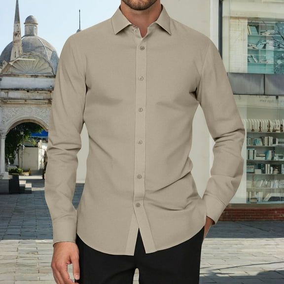 QHRMKOG Mens Button Up Shirt Wrinkle Free Stretch Long Sleeve Shirts Slim Fit Formal Wedding Dress Shirts Fashion Solid Color Top Brown 2XL