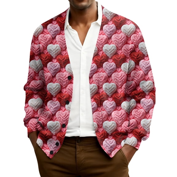 QHRMKOG Mens Cardigan Cute Valentine's Day Heart Cardigan Sweaters Print Loose Fit Long Sleeve V Neck Button Up Cardigans Trendy Ribbed Knit Sweaters Red 2XL