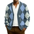 thumbnail image 1 of QHRMKOG Mens Cardigan Relaxed Fit Color Block Checkerboard Print Cardigan Sweater Vintage Long Sleeve V Neck Button Up Cardigan Aytumn Trendy Knitted Ribbed Sweaters Blue L, 1 of 7