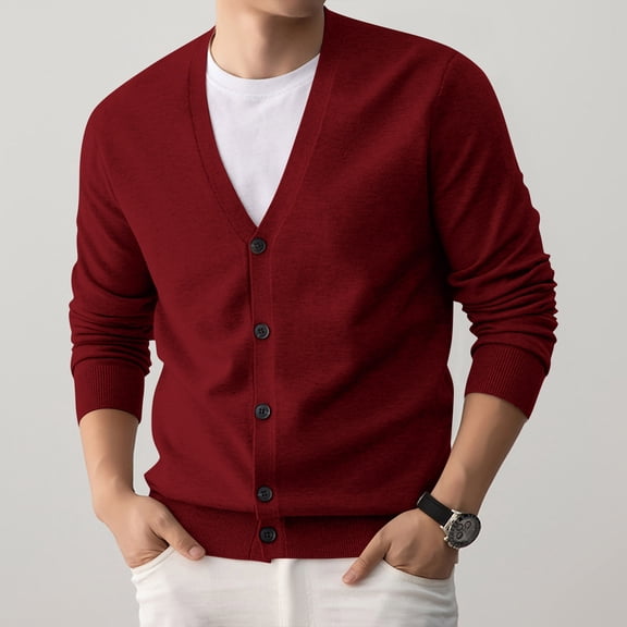 QHRMKOG Mens Cardigan Sweater Relaxed Fit Long Sleeve V Neck Cardigans Fashion Solid Color Button Up Cardigan Sweaters Winter Warm Knited Sweaters Red XL