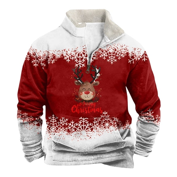 QHRMKOG Mens Christmas Sweatshirt Warm Reindeer Print Stand Up Collar Sweaters Loose Fit Long Sleeve Quarter Zip Sweatshirt Fall Fashion Tops with Pockets Red L
