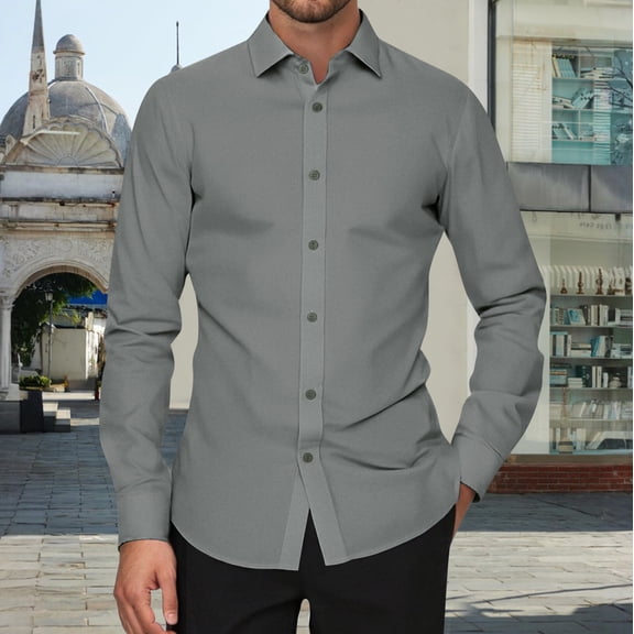 QHRMKOG Mens Dress Shirts Slim Fit Wrinkle Free Long Sleeve Button Down Shirts Solid Color Formal Dating Dress Shirt Fashion Stretch Tops Gray S