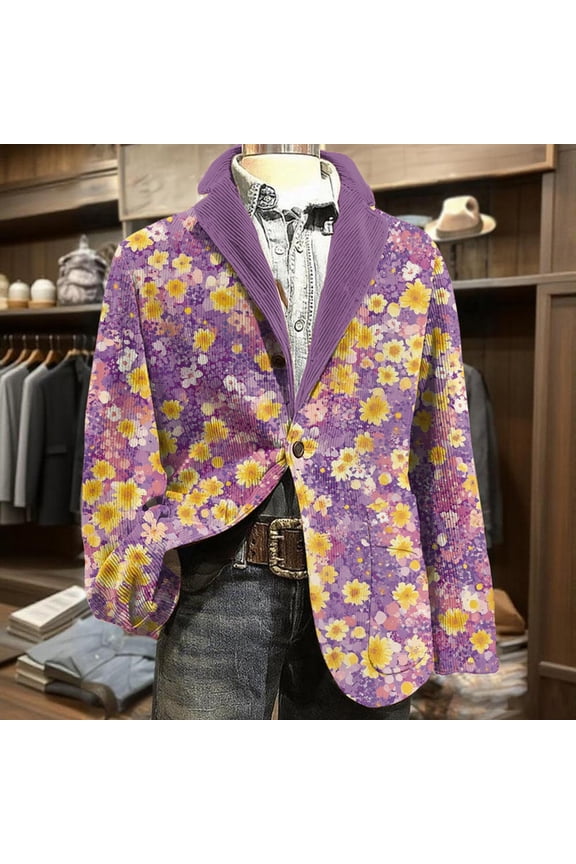 Mens Easter Blazer Casual Easter Egg Print Holiday Blazer Loose Fit Business Corduroy Button Suit Jacket 2026 Fall Comfort Jackets Purple 3XL