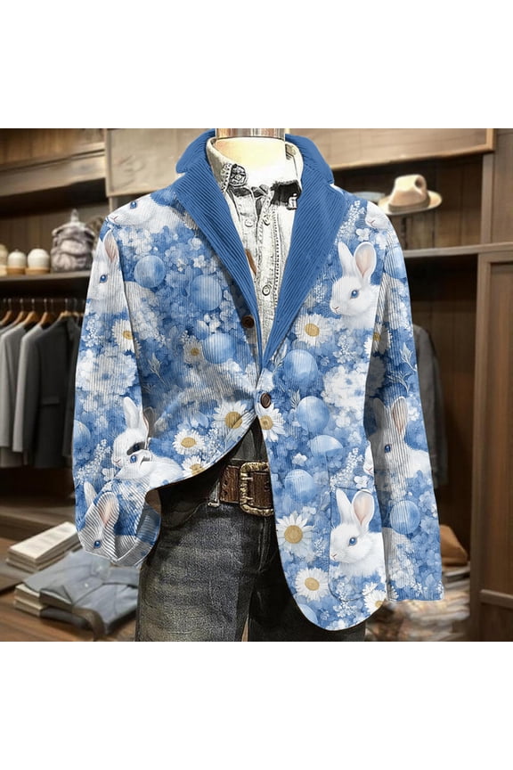 Mens Easter Blazer Fashion Easter Egg Graphic Festival Blazers Relaxed Fit Party Corduroy Button Suit Jacket 2026 Fall Warm Jackets White 4XL