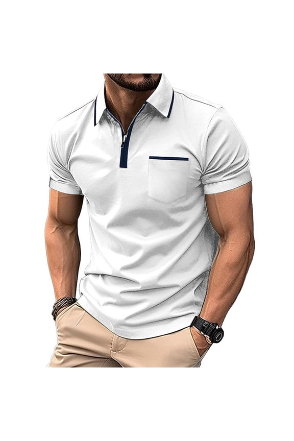 Mens Golf Shirt Fashion Half Zip Short Sleeve Polo Shirts Loose Fit Solid Color Street Pullover 2026 Spring Breathable Tops White S