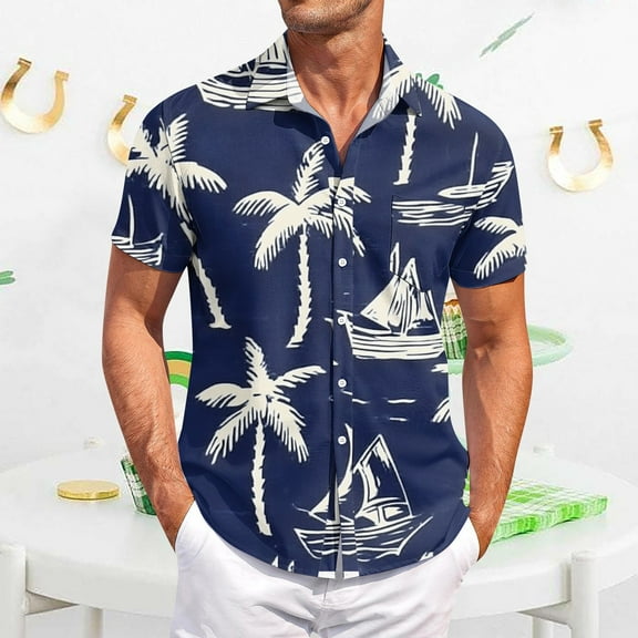 QHRMKOG Mens Hawaiian Shirts Short Sleeve Loose Fit Print Beach Shirt Light Tropical Holiday Button Down Hawaiian Shirt Summer Casual Tops Blue XL