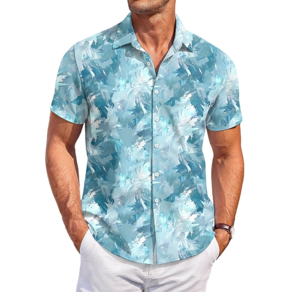 QHRMKOG Mens Hawaiian Shirts Short Sleeve Loose Fit Print Beach Shirts Light Tropical Holiday Button Down Hawaiian Shirts Summer Casual Tops Blue 4XL