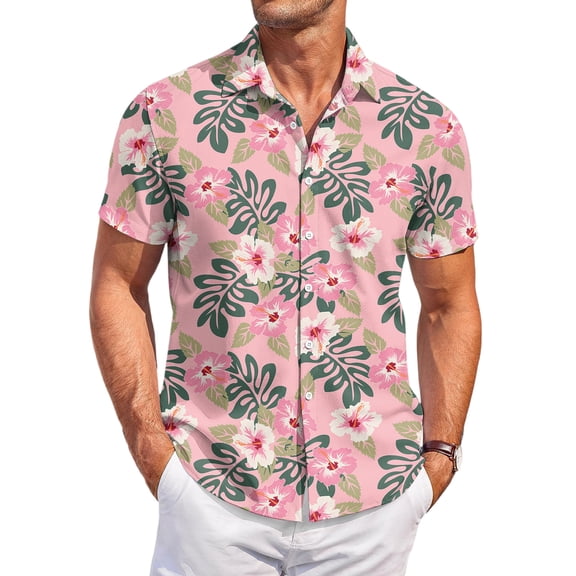 QHRMKOG Mens Hawaiian Shirts Short Sleeve Relaxed Fit Print Beach Shirt Light Tropical Holiday Button Down Hawaiian Shirt Summer Trendy Top Pink XL