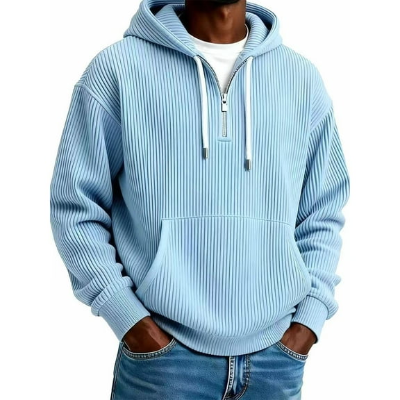 QHRMKOG Mens Hoodie Long Sleeve Waffle Knit Half Zip Hooded Sweatshirts Relaxed Fit Solid Color Streatwear Autumn Casual Tops Blue S