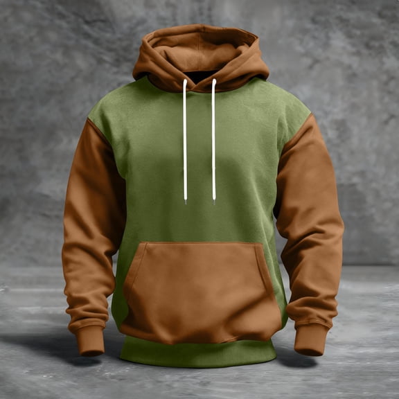 QHRMKOG Mens Hoodies Loose Fit Color Block Hooded Sweatshirrt Trendy Long Sleeve Drawstring Pullover Hoodies Fall Warm Top with Pockets Brown L