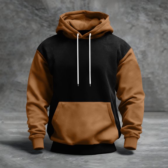 QHRMKOG Mens Hoodies Pullover Casual Color Block Hooded Sweatshirrt Relaxed Fit Long Sleeve Drawstring Hoodie Autumn Warm Top with Pockets Brown 2XL