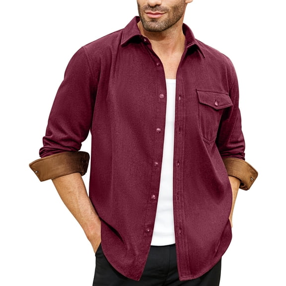 QHRMKOG Mens Jackets Solid Color Long Sleeve Button Down Shirt Jackets Loose Fit Midweight Shirt Autumn Trendy Warm Jackets with Pockets Red M