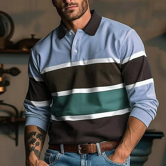 QHRMKOG Mens Long Sleeve Polo Shirts Comfort Color Block Golf Shirts Loose Fit Collared Golf Tshirt Fashion Top Purple L