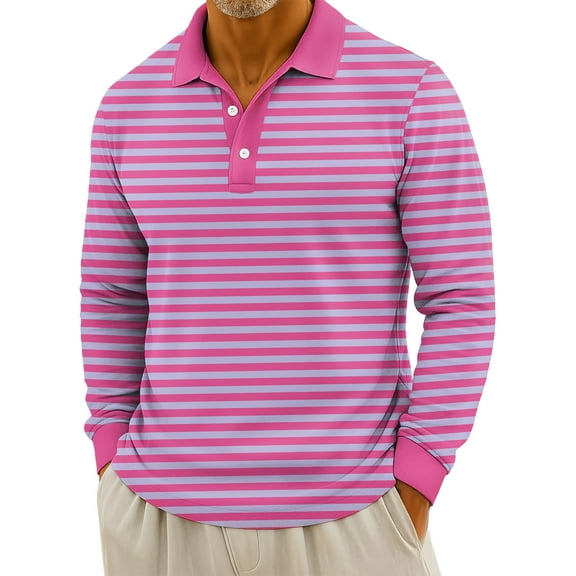 QHRMKOG Mens Long Sleeve Polo Shirts Comfort Striped Cotton Golf Shirt Loose Fit Collared Golf Tshirt Trendy Pullover Top Pink L