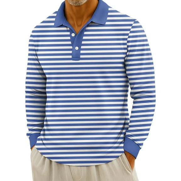 QHRMKOG Mens Long Sleeve Polo Shirts Comfort Striped Cotton Polo Shirt Relaxed Fit Collared Golf Tshirts Fashion Tops Blue L