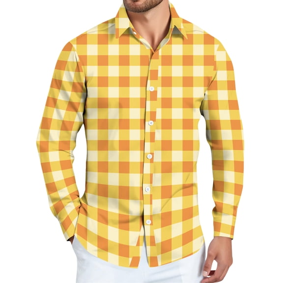 QHRMKOG Mens Long Sleeve Shirt Loose Fit Business Dress Shirts Fashion Plaid Button Up Shirt 2026 Fall Tops Yellow 2XL