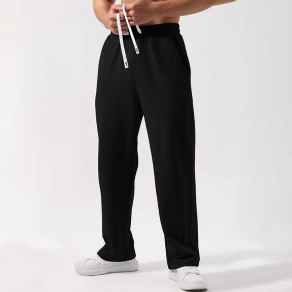 QHRMKOG Mens Pants Relaxed Fit Drawstring Elastic Waist Joggers Solid Color Hiking Straight Leg Sweatpant Trendy Pant with Pockets Black L