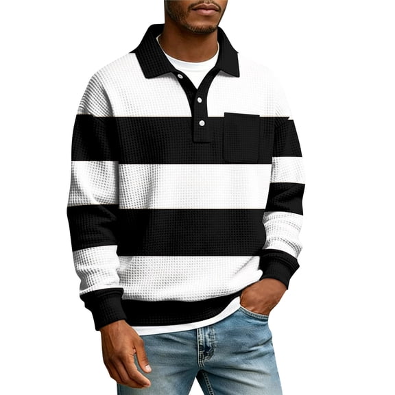 QHRMKOG Mens Polo Shirt Casual Outdoor Striped Long Sleeve Golf Shirt Relaxed Fit Button Down Collared Polo Shirts Autumn Waffle Knit Top with Breasted Pocket Black M