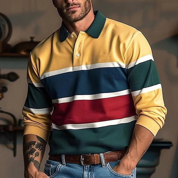 QHRMKOG Mens Polo Shirts Long Sleeve Loose Fit Color Block Golf Shirts Casual Collared Golf Tshirt Fashion Pullover Tops Yellow L