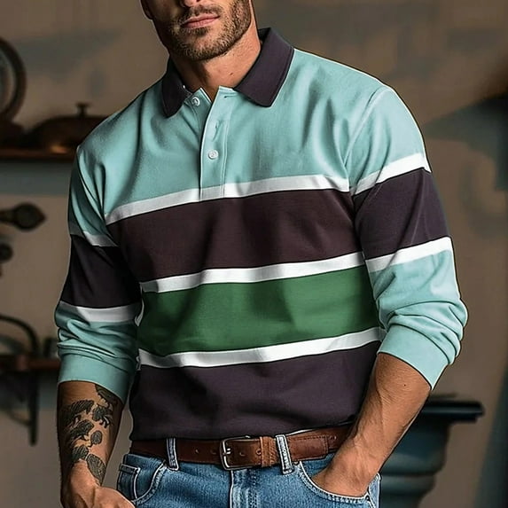 QHRMKOG Mens Polo Shirts Long Sleeve Loose Fit Color Block Golf Shirts Comfort Collared Golf Tshirts Fashion Pullover Top Green M