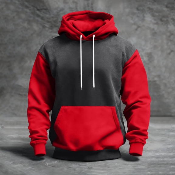 QHRMKOG Mens Pullover Hoodie Casual Color Block Hooded Sweatshirrt Loose Fit Long Sleeve Drawstring Hoodies Fall Warm Tops with Pockets Red L