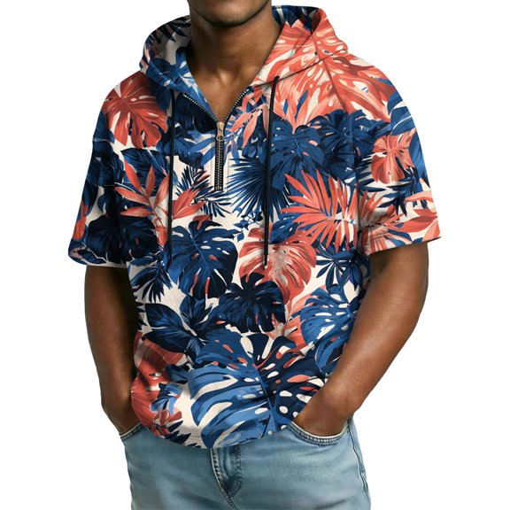 QHRMKOG Mens Quarter Zip Hoodie Loose Fit Short Sleeve Hooded Sweatshirts Trendy Hawaiian Print Drawstring Hoodies 2026 Summer Street Tops Blue L