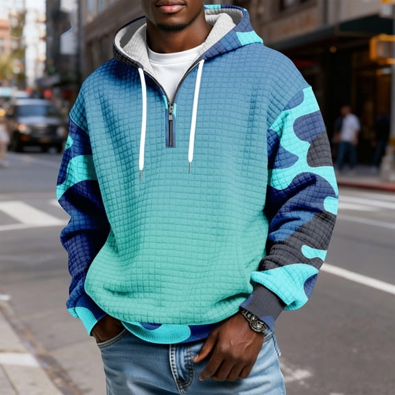 QHRMKOG Mens Quarter Zip Pullover Loose Fit Long Sleeve Drawstring Hooded Sweatshirts Fashion Plaid with Pockets Hoodie Qutumn Knit Shirts Green 2XL