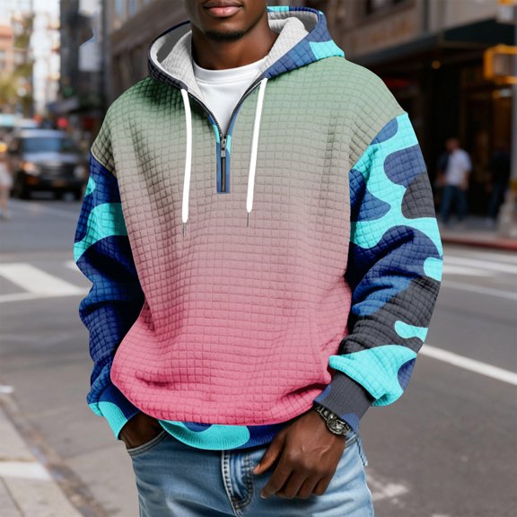 QHRMKOG Mens Quarter Zip Pullover Relaxed Fit Long Sleeve Drawstring Hooded Sweatshirt Fashion Plaid with Pockets Hoodies Qutumn Knit Shirts Pink XL