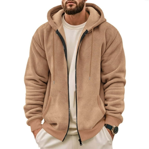 QHRMKOG Mens Sherpa Jackets Loose Fit Warm Full Zipper Hoodie Solid Color Drawstring Hooded Sweatshirts Fashion Fall Outwear with Pockets Brown M