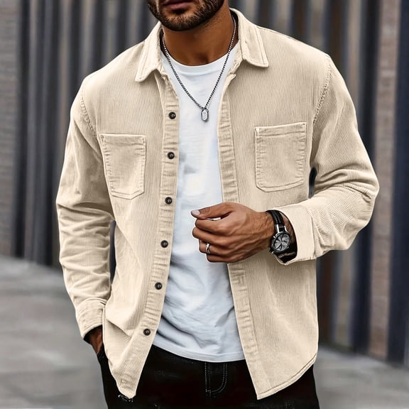QHRMKOG Mens Shirt Jacket Loose Fit Midweight Button Down Shacket Solid Color Long Sleeve Shirt Jacket Fall Trendy Warm Jacket with Pockets Beige M