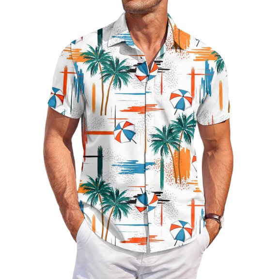 QHRMKOG Mens Shirt Loose Fit Tropical Print Short Sleeve Hawaiian Shirt Light Holiday Button Down Beach Shirts Summer Casual Top White M