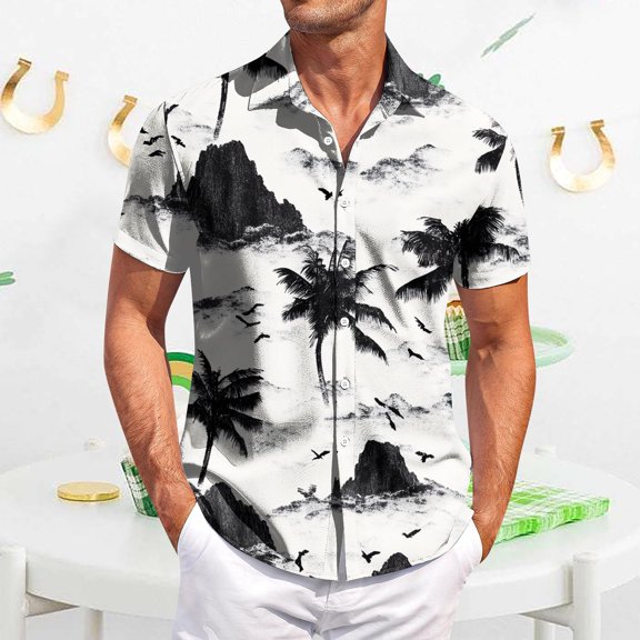 QHRMKOG Mens Shirt Loose Fit Tropical Print Short Sleeve Hawaiian Shirts Breathable Holiday Button Down Beach Shirt Summer Casual Tops White 2XL