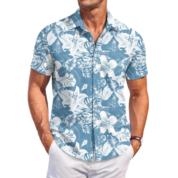 QHRMKOG Mens Shirt Relaxed Fit Tropical Print Short Sleeve Hawaiian Shirt Breathable Holiday Button Down Beach Shirt Summer Fashion Top Blue XL