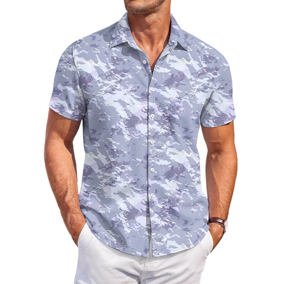 QHRMKOG Mens Shirt Relaxed Fit Tropical Print Short Sleeve Hawaiian Shirt Light Holiday Button Down Beach Shirt Summer Fashion Shirt Blue L