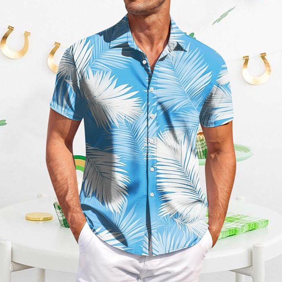 QHRMKOG Mens Shirt Relaxed Fit Tropical Print Short Sleeve Hawaiian Shirts Light Holiday Button Down Beach Shirt Summer Casual Top Blue 2XL