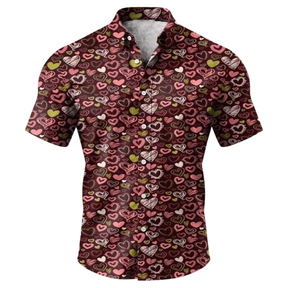 QHRMKOG Mens Short Sleeve Button Down Shirts Loose Fit Heart Graphic Valentines Shirts Summer Beach Hawaii Shirt Casual Tops Red 4XL
