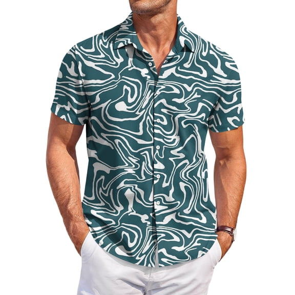 QHRMKOG Mens Short Sleeve Shirts Relaxed Fit Tropical Print Hawaiian Shirt Breathable Holiday Button Beach Shirts Summer Casual Top Blue S