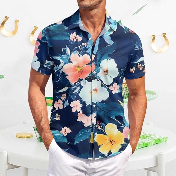 QHRMKOG Mens Short Sleeve Shirts Relaxed Fit Tropical Print Hawaiian Shirts Breathable Holiday Button Down Beach Shirts Summer Fashion Shirts Blue M