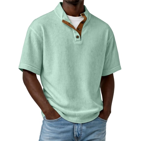 QHRMKOG Mens Short Sleeve Shirts Solid Color Ribbed Pullover Polo Shirt Summer Relaxed Fit Button Down Tshirts 2026 Casual Street Tops Green XL