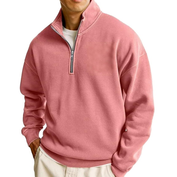 QHRMKOG Mens Sweatshirt Winter Casual Long Sleeve 1/4 Zip Pullover Loose Fit Comfort Hoodies Solid Color Clothes Pink 3XL