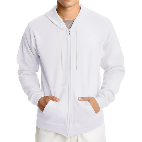 QHRMKOG Mens Sweatshirt Zipper Long Sleeve Big and Tall Hooded Fall Light Fashion Fleece Drawstring Oversize Sweatshirt Strong with Pocket Jacket White 2XL-Large