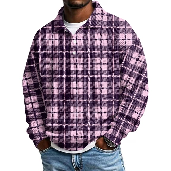 QHRMKOG Mens Sweatshirts Vintage Button Plaid Shirt Pullover Relaxed Fit Casual Stand Up Collar Sweatshirt Fall Warm Long Sleeve Tops Purple 2XL