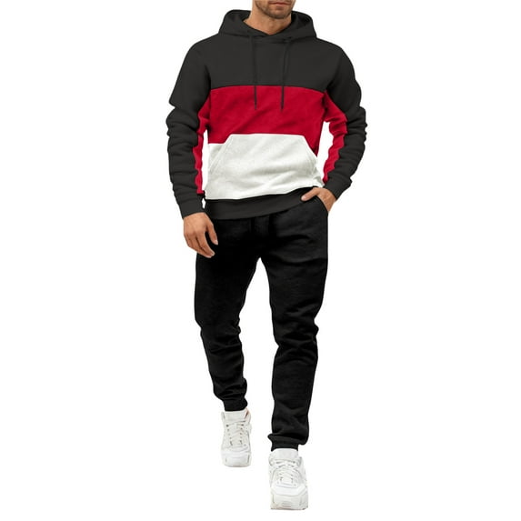QHRMKOG Mens Sweatsuit Comfrot Long Sleeve Color Block Hoodies and Sweatpants Tracksuit Big and Tall Pullover Jogging Sets Fashion Trainning Outfits Red M