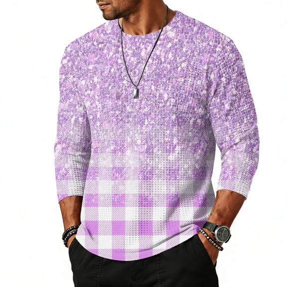 QHRMKOG Mens T Shirt Fashion Plaid Three-Quarter Sleeve Pullover Loose Fit Breathable Round Neck Tshirts 2026 Summer Outdoor Top Purple M