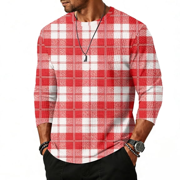 QHRMKOG Mens T Shirt Trendy Plaid 3/4 Length Sleeve Shirt Loose Fit Breathable Round Neck Tshirt 2026 Summer Street Tops Red XL