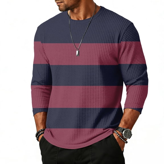 QHRMKOG Mens T Shirts Trendy Striped 3/4 Length Sleeve Shirts Loose Fit Breathable Crew Neck Tshirt 2026 Summer Street Tops Red M